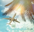 Plane and Summer palm trees against blue sky clouds and sun background, happy holiday and tropical resort concept Royalty Free Stock Photo
