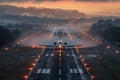 Plane takes off from the airport runway, illuminated by lights at sunset