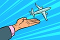 The plane takes off from his hands. flight travel tourism
