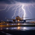 Plane takes off during a severe thunderstorm, night, lightning, bad weather, danger, fear Royalty Free Stock Photo