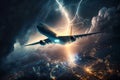 Plane takes off during thunderstorm, lightning strikes passenger airplane, generative AI