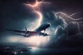 Plane takes off during thunderstorm, lightning strikes passenger airplane, generative AI