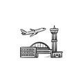 Plane taking off at the airport hand drawn outline doodle icon. Royalty Free Stock Photo