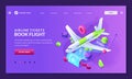 Plane tickets and booking flights concept. Vector 3d isometric illustration of airplane, boarding pass, geometric shapes