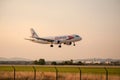 Large airliner just before landing in the evening at sunset. Royalty Free Stock Photo