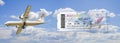 Plane towing a airplane ticket - Fly concept image - The contents of the image are totally invented Royalty Free Stock Photo
