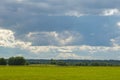 Plane towing a glider after takeoff with a left turn on a background of clouds Royalty Free Stock Photo