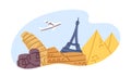 Plane traveling over different famous landmarks. Tourism and excursions concept. Holiday journey by airplane. Aircraft