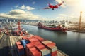Plane under the container ship, delivery international import export logistics, beautiful sea view