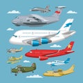 Plane vector aircraft or airplane and jet flight transportation in sky illustration aviation set of aeroplane or Royalty Free Stock Photo