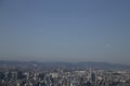 Plane and view of Osaka from the Umeda Building at sunset on a sunny day