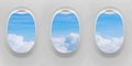 Plane windows, airplane portholes, air travel, aircraft cabin interior illuminators with white plastic frames and open blinds Royalty Free Stock Photo