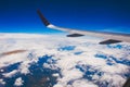 Plane wing above the clouds. Plane flying over the clouds Royalty Free Stock Photo