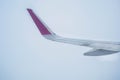 Plane wing in the clouds above the earth