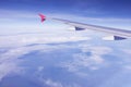 Plane wing flying over blue sky white cloud