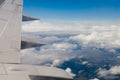 Plane wing, ground, clouds and sky Royalty Free Stock Photo