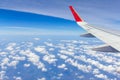 Plane wings over the sky and white clouds View from inside the plane Royalty Free Stock Photo