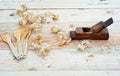 Plane on a wooden table in shavings