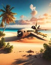 plane wreck on the beach at sunset