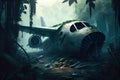 plane wreck shrouded in mist, surrounded by jungle