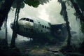 plane wreck shrouded in mist, surrounded by jungle