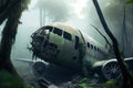 plane wreck shrouded in mist, surrounded by jungle