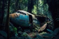 plane wreck surrounded by dense jungle vegetation and wildlife Royalty Free Stock Photo