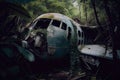 plane wreck surrounded by dense jungle vegetation and wildlife Royalty Free Stock Photo