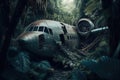 plane wreck surrounded by dense jungle vegetation and wildlife Royalty Free Stock Photo