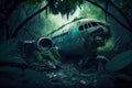 plane wreck surrounded by lush vegetation and animals on the jungle floor Royalty Free Stock Photo