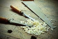 Planer and chisels and other tools in the ancient workshop of th Royalty Free Stock Photo