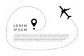 Airplane line path vector icon of air plane flight route with start point and dash line trace.