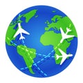 Planes fly around the globe. Journey. Planet Earth. World map. Flat color vector Royalty Free Stock Photo