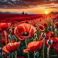 planes flying over a poppy field as the sun goes down Remembrance Day illustration