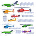 Planes and Helicopters Flying with Banners Collection, Air Vehicles with White Blank Ribbons for Advertising Vector Royalty Free Stock Photo