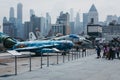 Planes and helicopters outside on the carrier in Intrepid Sea and Air Museum in New York, USA.