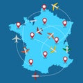 Planes routes flying over France map, tourism and travel concept