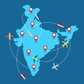 Planes routes flying over India map, tourism and travel concept
