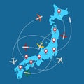 Planes routes flying over Japan map, tourism and travel concept