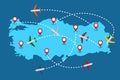 Planes routes flying over Turkey map, tourism and travel concept