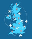 Planes routes flying over United Kingdom map, tourism and travel concept