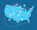 Planes routes flying over United States map, tourism and travel concept