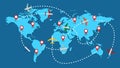 Planes routes flying over world map, tourism and travel concept