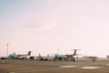 planes of skyteams on a takeoff strip at the airport