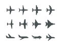 Planes symbols. Aircraft silhouettes jet aviation transportation for travel vector icons or pictograms Royalty Free Stock Photo