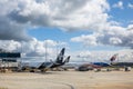 Planes from three different countries docked at their jetways Royalty Free Stock Photo