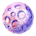 Planet, asteroid in pink-purple colors, watercolor painting on white background Royalty Free Stock Photo