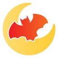 Planet and bat flat icon. Night crescent moon and flying mouse. Halloween party vector design concept, gradient style