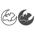 Planet and bat line and solid icon. Night crescent moon and flying mouse. Halloween party vector design concept, outline