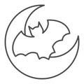 Planet and bat thin line icon. Night crescent moon and flying mouse. Halloween party vector design concept, outline